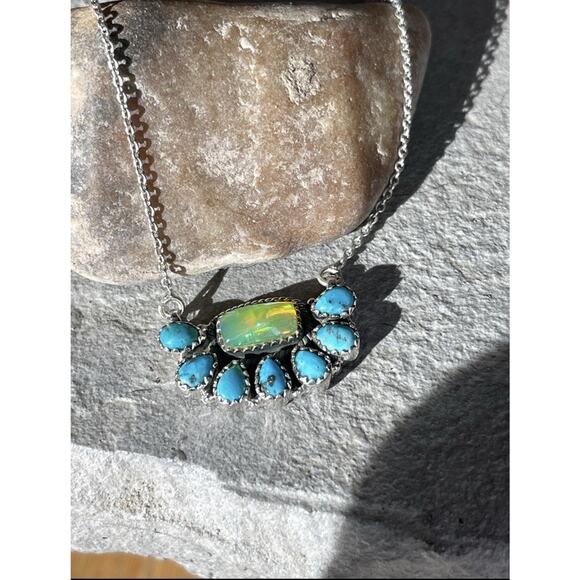 Sterling Silver Turquoise Opal Cluster Necklace 16-18” Southwest Pendant Gift - Picture 3 of 10